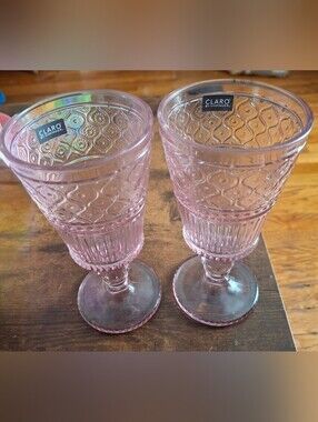 CLARO Pink Pressed Glass Goblets - Embossed Set of 2